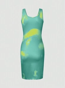 Islaluna Vestido sin mangas de moda veraniego teñido con diseño entallado y cuello con muesca