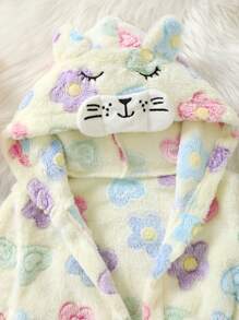 SHEIN Playful Pals 女婴可爱花朵、心形羊羔绒连帽、贴花动物脸印花长袖睡袍睡衣 - 彩色 - 查看 5