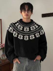 DAZY Men's Crew Neck Long Sleeve Casual Loose Pattern Patchwork Sweater, Autumn Christmas,New Year - Black - View 2