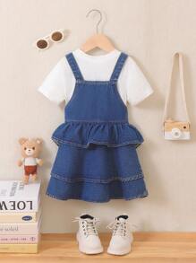 Girls' Casual And Stylish Denim Overall Dress With Cartoon Print And Pleats