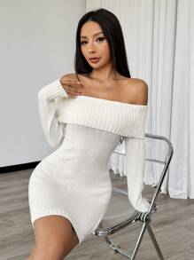Flirla Vestido Elegante de Ombro Aberto de Manga Longa com Charme de Ombro Caído e Lapela para Mulheres - Branco - Visão 6