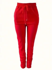 SHEIN Pantalon de survêtement casual droit avec poche à cordon de serrage, couleur unie, mode grande taille