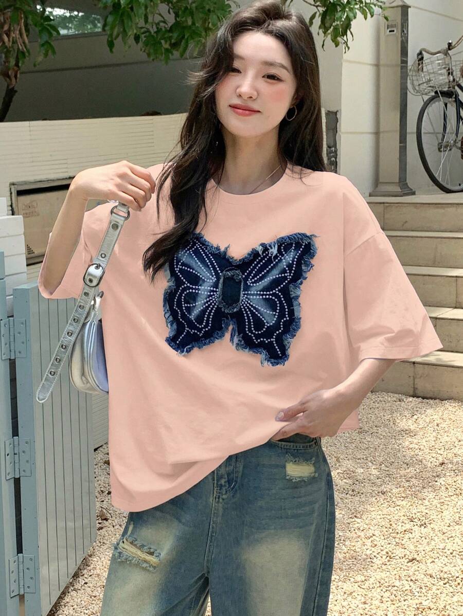 DAZY 女士蝴蝶印花圆领短袖T恤，夏季图案T恤超大T恤，教师服装