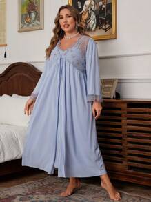 Floral Embroidery Ruched Design Plus Size Camisole Nightgown & Bathrobe 2pcs Set - Blue - View 4