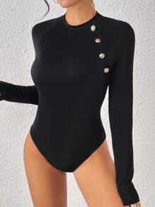 Chiquease 女士圆领长袖单排扣修身优雅紧身衣 - 黑色 - 查看 3