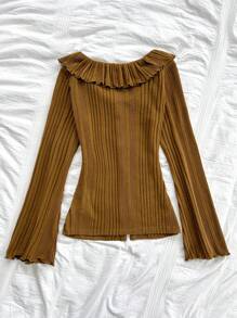 Soleia Women's Resort Fitted Long Cardigan, V-Neck Ruffled Flare Sleeve Ribbed Knit Top For Warm Outerwear - Brown - View 2