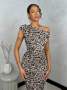 SHEIN BAE Women's Leopard Print Asymmetrical Neck Solid Color Bodycon Dress, Suitable For Summer - White - View 5