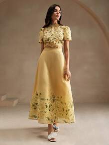 Anewsta 2 件套女士浪漫花卉印花圆领泡泡袖衬衫和紧身裙套装适合假期 - 黃色 - 查看 3