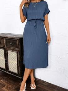 SHEIN Clasi Summer Military Green Textured Tie-Waist Short Sleeve Dress For Women