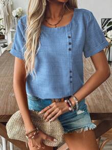 EMERY ROSE Áo sơ mi vải lanh nút tre giản dị mùa xuân hè - Rửa tối - Xem 6