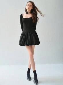 Enchnt Women's Romantic Fall Holiday Square Neck Long Sleeve Fitted Elegant Charming Sweet Cute Black Dress - Black - View 8