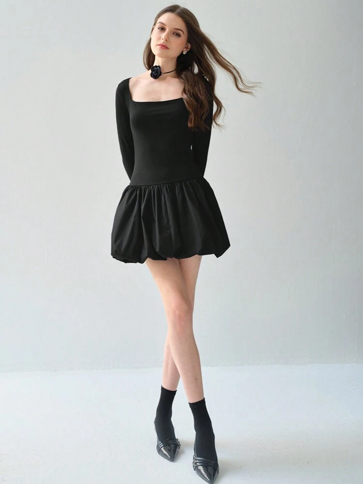 Women's Romantic Fall Holiday Square Neck Long Sleeve Fitted Elegant Charming Sweet Cute Black Dress