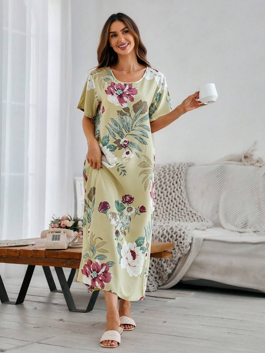 Serenescape Váy ngủ Babydoll Luxe cổ tròn tay ngắn họa tiết hoa toàn thân mềm mại và thanh lịch cho nữ, váy ngủ Moo Moo - Nhiều màu - Xem 1