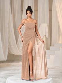 Faeriesty 闪亮露肩侧垂褶正式礼服，适合婚礼、优雅春季派对 - 香檳色 - 查看 8