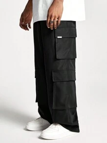 Manfinity VCAY 男士宽松直筒编织休闲口袋长裤，时尚街头风格 - 黑色 - 查看 4