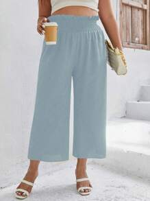Calvaya Plus Size Pleated Waist Straight Leg Casual Solid Color Comfortable & Fashionable Pants - Dusty Blue - View 3