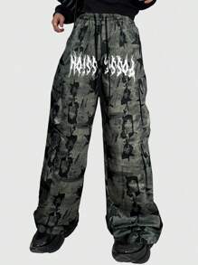 ROMWE MEN Street Life Men's Drawstring Waist Star Print Cargo Pants, School, For Fall