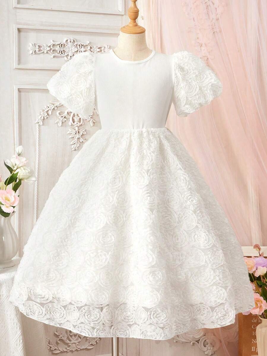 Vestido elegante de niña preadolescente con cuello redondo, mangas abultadas y tela con estampado floral - Blanco - Ver 1