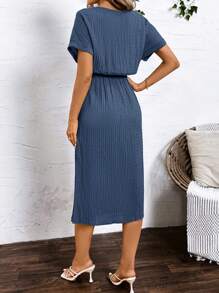 SHEIN Clasi Summer Military Green Textured Tie-Waist Short Sleeve Dress For Women