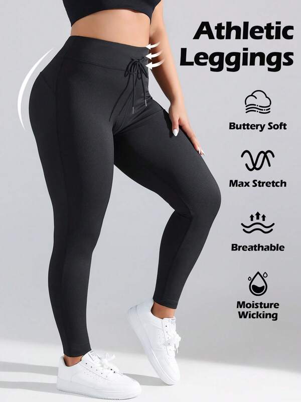 SHEIN Sport Studio Mallas de talle alto con cinturilla ajustable y efecto nido de abeja para hacer ejercicio en tallas grandes