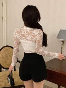 DAZY Doorschijnende blouse met kanten hals en lange mouwen voor dames, tops voor terug naar school, doorschijnend