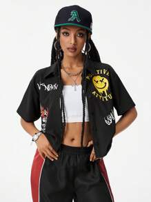 Coolane Áo sơ mi ngắn tay in họa tiết Graffiti dành cho nữ - màu đen - Xem 1