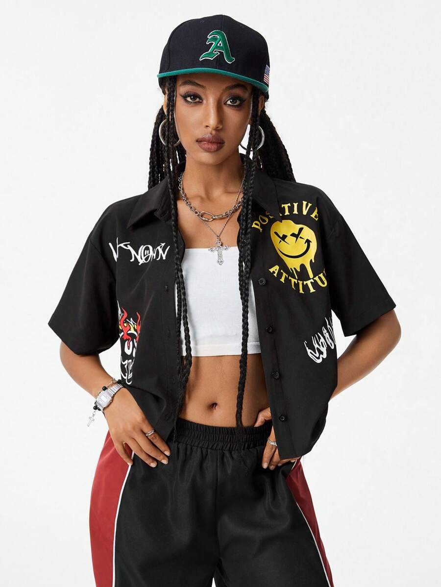 Coolane Áo sơ mi ngắn tay in họa tiết Graffiti dành cho nữ - màu đen - Xem 1