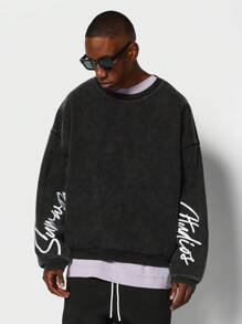 SUMWON Sweatshirt Oversized dengan Efek Washed, Logo Khas di Lengan, Streetwear Musim Gugur/Musim Dingin, Kasual, Atletik, Nyaman, dan Cocok untuk Lapisan Pakaian. - Hitam - View 1