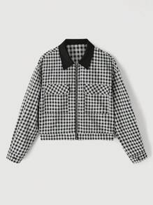 SHEIN MOD 复古格子撞色立领夹克，秋季服装，格子大衣，黑白秋冬大衣，返校服装，冬季大衣 - 彩色 - 查看 1