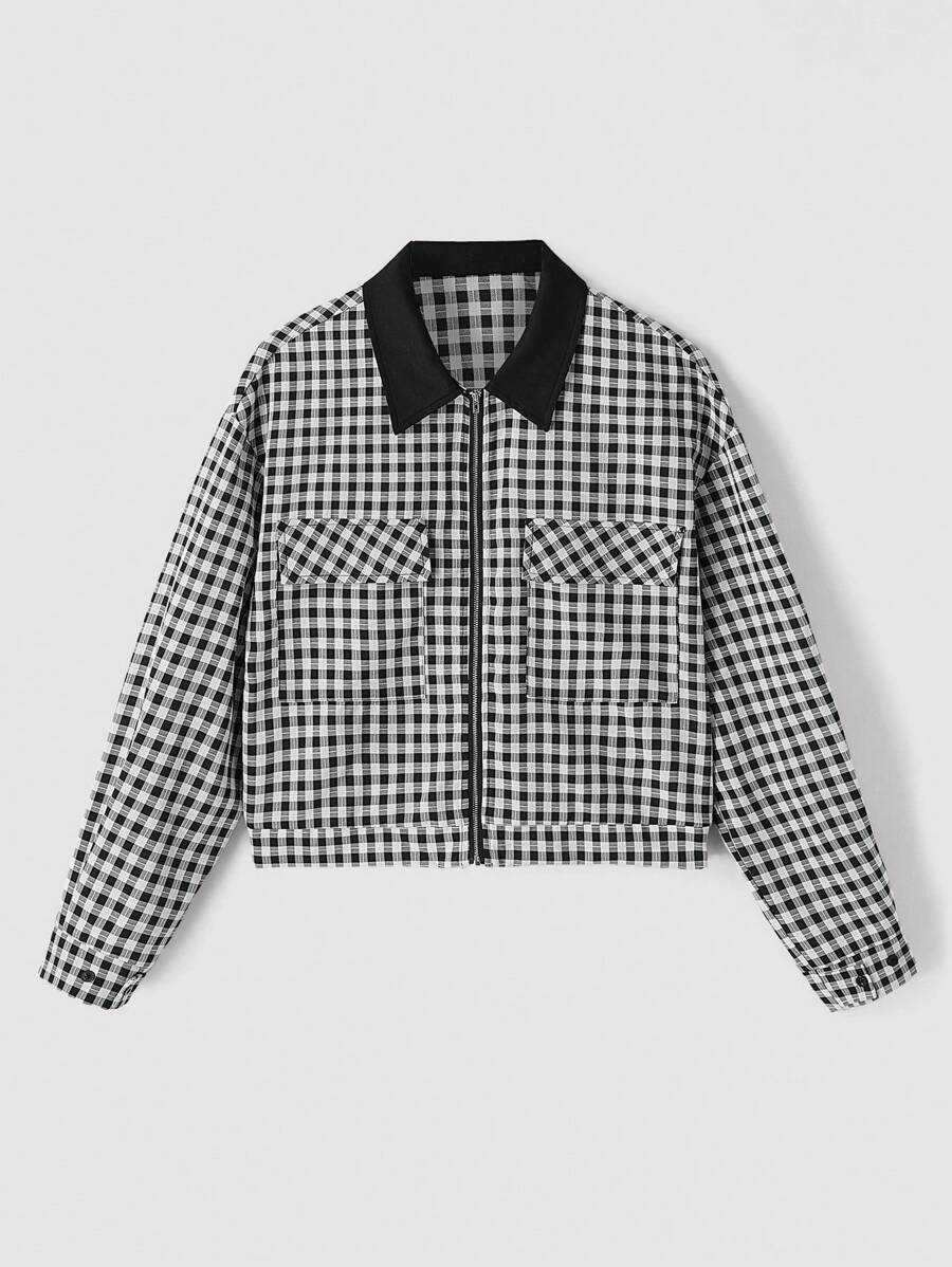 SHEIN MOD 复古格子撞色立领夹克，秋季服装，格子大衣，黑白秋冬大衣，返校服装，冬季大衣 - 彩色 - 查看 1