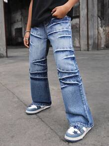 SHEIN Tween Boys' Street Style Cool Stonewashed Wide Leg Denim Blue Jeans,For Back To School Clothes - Light Wash - View 6