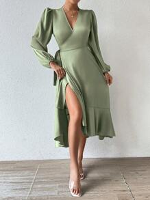 Calvaya Vestido largo de manga larga de satén verde salvia para mujer