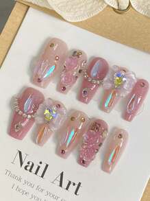10 Pieces Long Coffin Nail Pink Beauty Pure Soft Fairy Fairy Rose Manor Love Bow Design Crystal Decoration Manicure ,Three-Dimensional Roses, Dazzling Diamond Ornaments, And Aurora Elements Create A Sweet And Alluring Feast On The Fingertips, Suitable For Ladies, Girls In The Stage, Prom, Party Scene Use, With 1 Piece Of Jelly Roll 1 Piece Nails - Multicolor - View 1