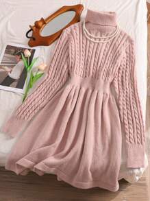 SHEIN Privé Plus Size Women Turtleneck Knitted Sweater Dress, New Arrival Autumn, For Winter - Pink - View 1