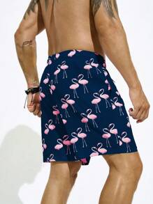Manfinity Swimmode Bañadores sueltos y tipo short con estampado de flamencos para vacaciones de verano de los hombres, con forro de seda de leche, estilo hawaiano