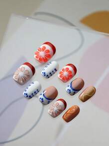 Elevate Your Style With Creative 10pcs Square Short Handmade French Porcelain Printing Japanese Style Fake Nail Creative 3d Three-Dimensional Decoration Orange Summer Nordic Funny Full Coverage Acrylic False Nail For Women And Girls - Multicolor - View 4
