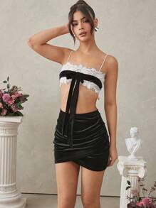 L'Amorae Lace Top With Contrast Bow Strap