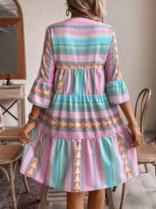 Breezaya 缺口领口喇叭袖缺口下摆荷叶边度假风格休闲连衣裙度假海滩装女士 - 粉色 - 查看 2