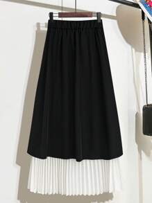 SHEIN Clasi Váy xếp ly chắp vá phong cách đi làm thanh lịch cỡ lớn - Đen và trắng - Xem 2
