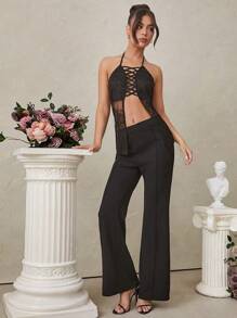 L'Amorae Split Hem Lace Up Halter Neck Sleeveless Top - Black - View 5