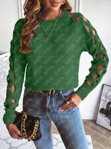 SHEIN LUNE Women Solid Color Hollow-Out Casual Daily Pullover Sweater Knit Pullover Fall Winter Outfit - Green - View 6