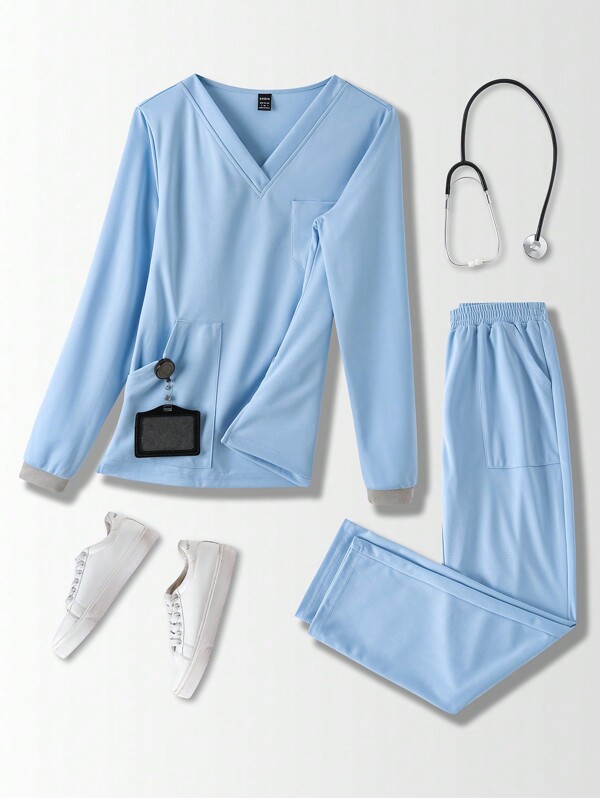 TaskEZ Women's Fall Outfits Classic Women's 5-Pocket Longsleeves (Ceil Blue) Scrub Blue Solid Color Long Sleeve Scrub Suit Uniform 2pcs/Set - Comfortable Work Uniform