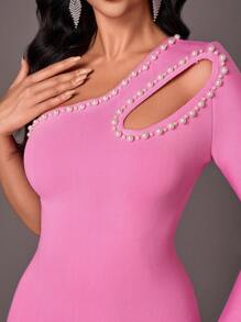 SHEIN Belle Elegantes vestidos de gasa de manga larga y escote pronunciado con espalda abierta, cuentas y abertura lateral ajustada, en color rosa loto. Vestido de noche formal para fiesta, boda, graduación, cena - Rosa - Ver 2