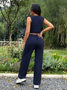 SHEIN PETITE Bộ áo liền quần cổ chữ V màu trơn và quần dài mùa hè dành cho nữ - Màu xanh hải quân - Xem 2