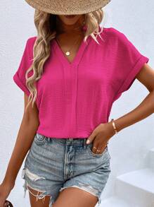 SHEIN LUNE Women's Solid Color Simple Casual Short Sleeve Blouse