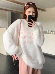 DAZY 女士休闲字母印花针织毛衣、长袖上衣秋季 - 白色 - 查看 9