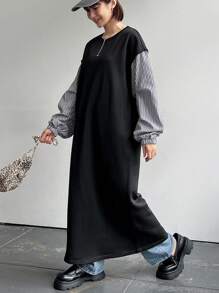 FRIFUL 女式拼接条纹印花休闲长袖中长连衣裙 - 黑色 - 查看 3