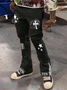 Manfinity Roghcode Men's Drawstring Star, Letter, Cross Printed Straight Wide-Legged Loose Stacked Sweatpants, Goth Sweatpants, Star Sweatpants, Men Sweatpants - Black - View 1