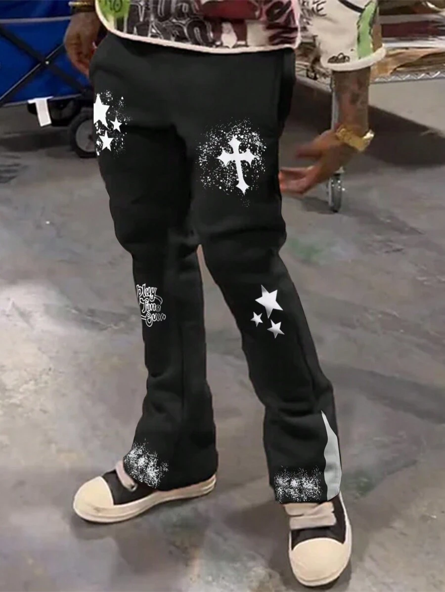 Manfinity Roghcode Men's Drawstring Star, Letter, Cross Printed Straight Wide-Legged Loose Stacked Sweatpants, Goth Sweatpants, Star Sweatpants, Men Sweatpants - Black - View 1