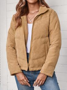 EMERY ROSE Abrigo acolchado de manga larga con cremallera, minimalista y cálido, para mujer, invierno - Marrón Mocha - Ver 3